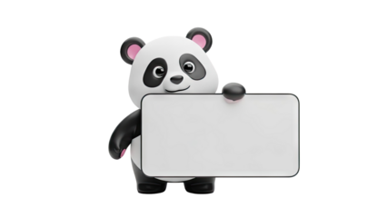 3D Cute panda holding a blank sign on transparent background