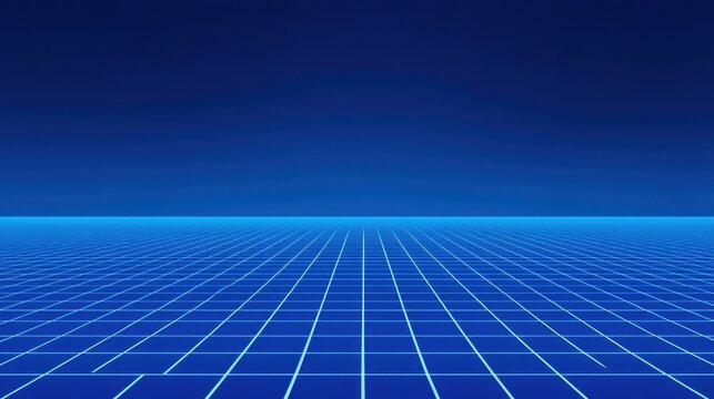 Futuristic Digital Landscape with Grid Pattern and Vibrant Blue Background Creating an Immersive Virtual Environment for Technology and Design Concepts