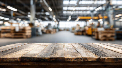 Wooden Table in Focus with Blurred Industrial Warehouse Background, Workshop Setting, Rustic and Industrial