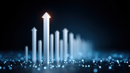 Abstract representation of increasing growth with illuminated arrows rising in a dark atmosphere, symbolizing success, progress, and innovation in business or finance