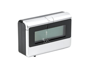 Fototapeta premium Broken digital alarm clock with cracked screen damaged display electronic device on isolated background
