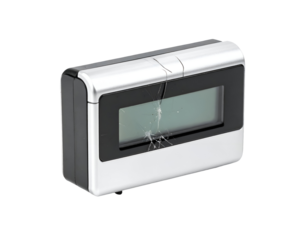 Broken digital alarm clock with cracked screen damaged display electronic device on isolated background