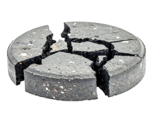 Broken cracked asphalt concrete round slab platform with deep fractures rubble texture on isolated background