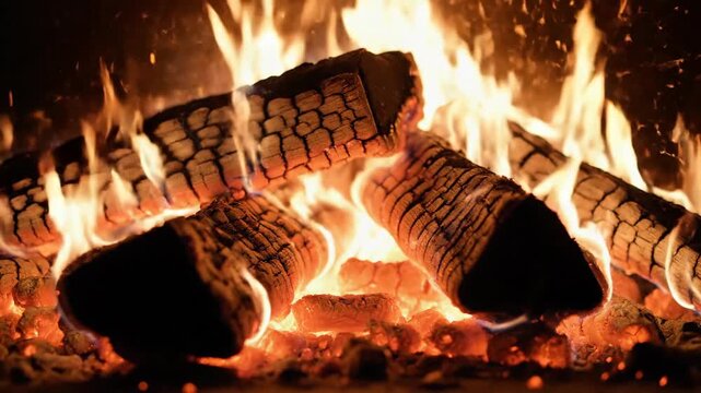 Close up of a warm and cozy fireplace with burning logs and bright flames.
