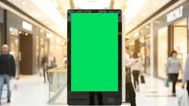 Green Screen Digital Signage in Bustling Shopping Mall Displaying Mockup.