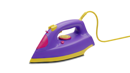 3D Purple and yellow toy iron with yellow cord on transparent background