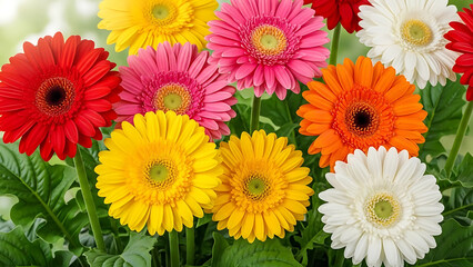 Vibrant Multi-Colored Gerbera Daisies in Full Bloom - Bright Floral Background