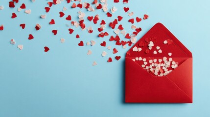 Red envelope filled with heart confetti on blue background