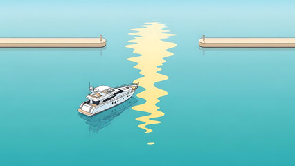 luxury yacht cruising through calm blue water with a vibrant sun reflection leading the way ideal for advertising and promoting aspirational lifestyle visuals.