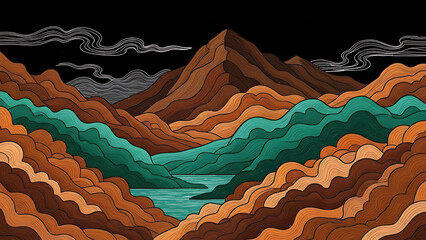 Vibrant mountain landscape with colorful hills and lake at night