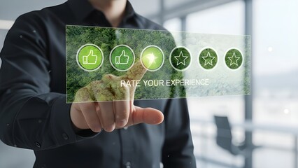 Man interacting with a futuristic digital interface and data display