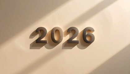 Bold, dark-toned numbers representing the year 2026 cast long, dramatic shadows across a minimalist light beige wall surface.