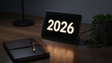 Smart Display Showing 2026 on Dark Wood Desk at Night, Photorealistic Moody Scene with Leather Notebook and Succulents, Cinematic Lighting, 8k
