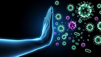 Protective hand gesture against colorful virus particles floating in dark space