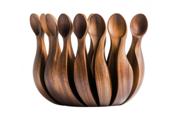 A collection of wooden spoons arranged neatly on a transparent background