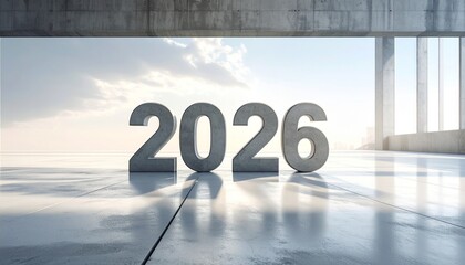 Massive grey three-dimensional numbers "2026" stand firmly in a vast, modern concrete space with a wide panoramic view of a bright sky.