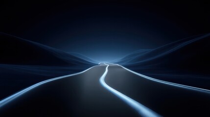 Ethereal Roadway Surrounded by Soft Glows and Mysterious Hills, A Journey into the Unknown in a Dreamlike Landscape at Night