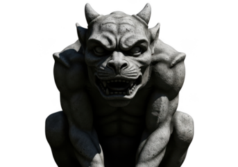 A stone gargoyle statue with a menacing expression on a transparent background