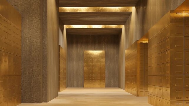 A long hallway with gold colored doors leading to a vault. The vault is empty. Private gold storage concept, soft lighting, secure and stable visual tone, private gold ownership