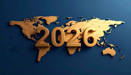 Golden three-dimensional numbers '2026' prominently float above a textured golden world map, symbolizing global economic outlooks and future prosperity.