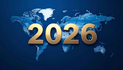 Shiny golden numbers '2026' are strategically positioned over a cool blue world map, representing global perspectives and geographical trends for the upcoming year.
