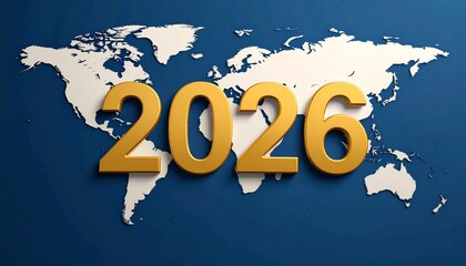 Clean golden numbers '2026' stand out against a minimalist white world map set on a rich deep blue background, conveying a global outlook.