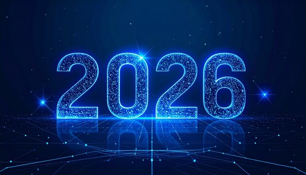 The digital year 2026 glows intensely in blue particle effects, set on a reflective surface with intricate network lines and sparkling connections. - Powered by Adobe