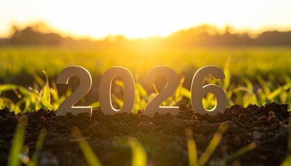 Wooden numbers spelling out '2026' stand firmly in rich soil amidst young green plants, illuminated by a warm, golden sunset over a peaceful field.