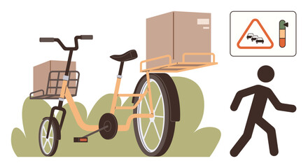 Cargo bike carrying parcels, a pedestrian in motion, and eco-conscious traffic sign promoting green transport. Ideal for delivery, environment, urban commuting, safety, transport, business