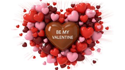 Valentines day heart design with be my valentine text on brown heart surrounded by red, pink, and maroon hearts isolated on transparent background