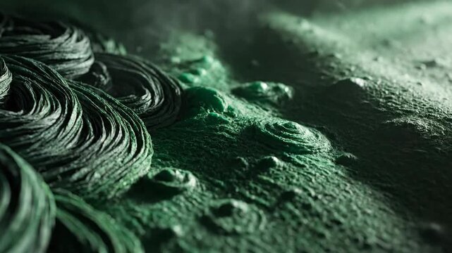 An abstract macro shot of textured, green swirls and bumps with a soft, diffused light