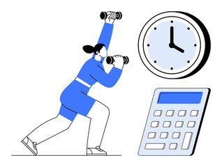 Time management, workout routines, fitness planning, healthy lifestyle, productivity, goal setting. A woman lifting dumbbells alongside a clock and calculator. Fitness planning and time management