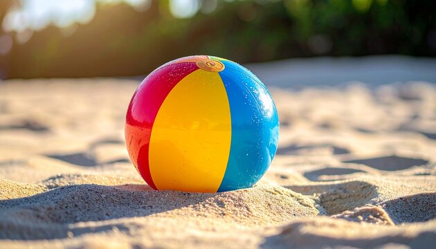 Bold Color Beachball Resting on Beach Sand for Summer Vacation Background