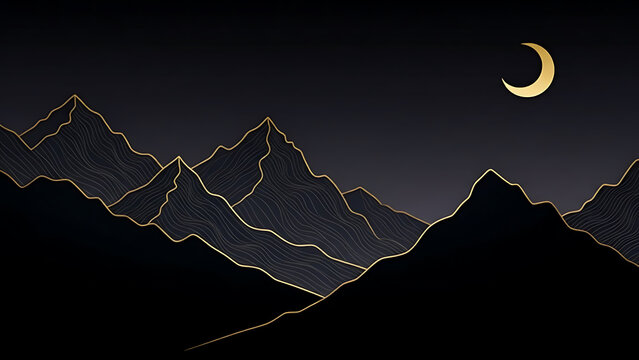 Golden mountain range at night under crescent moon - Powered by Adobe