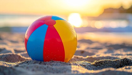 Obraz premium Colorful and Bold Beachball on Sandy Beach for Summer Holiday Promotion