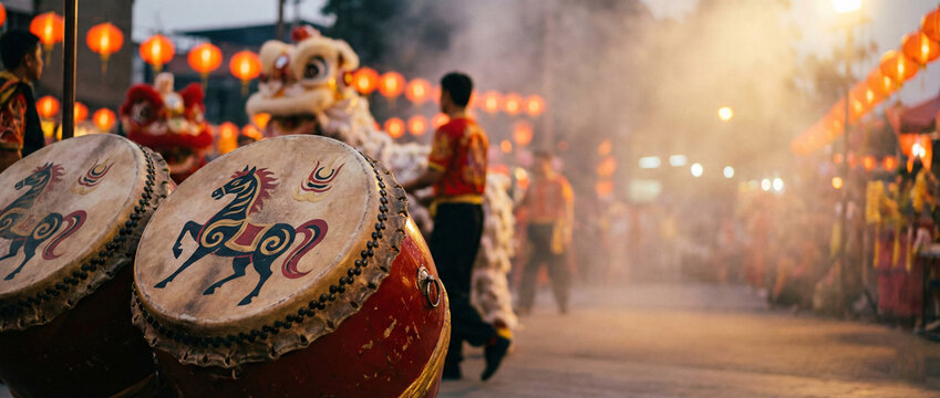 Chinese Asian Lion dance drums with abstract horse zodiac motif and performers