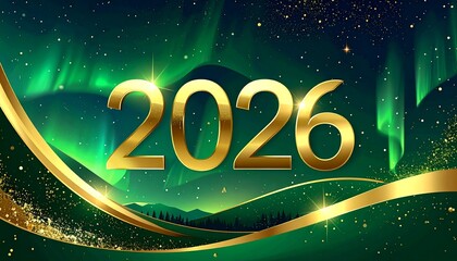 A luxurious golden 2026 against a vibrant aurora borealis background with sparkling gold ribbons, celebrating a festive and prosperous new year with elegance.