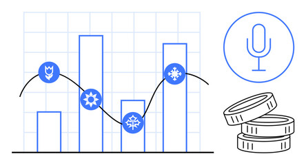 Plakat Business trends, financial analysis, podcasting, seasonal data, market growth, audio content. Bar chart with seasonal icons, microphone symbol and coin stack. Business trends and financial analysis