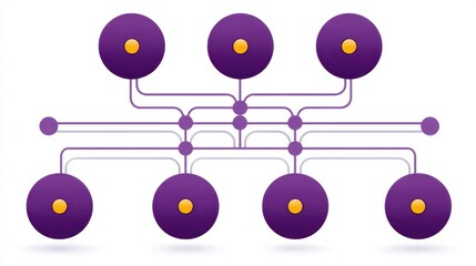 Abstract illustration of interconnected circles with lines and nodes in purple tones representing data flow, networking, and digital connections in modern design