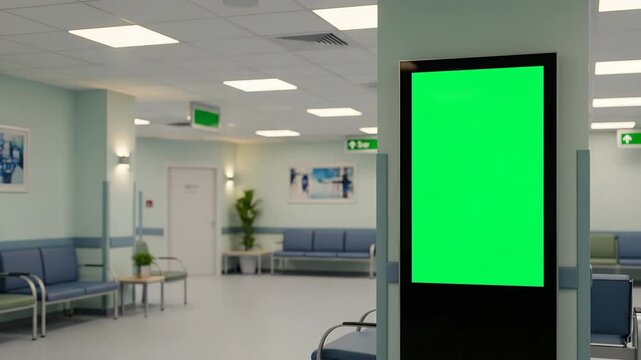 Hospital Waiting Room Digital Screen Mockup with Green Screen Display.