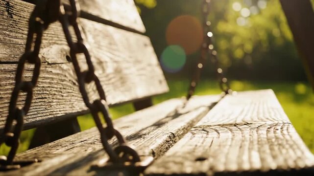 Close up of an old wooden swing bench in a sunny garden.