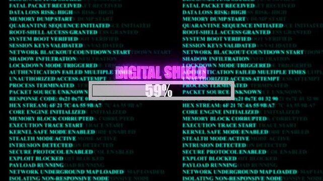 DIGITAL SHIELD glowing progress bar shows 100% percent of ransomware active on a background of computer code programming, shows percent of malware deployed background of computer code programming.