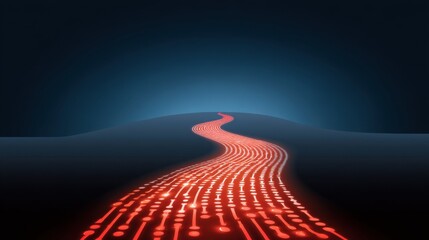 Abstract digital landscape with glowing red lines forming a winding path through a dark and mysterious environment, symbolizing technology and innovation