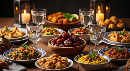Obraz premium Traditional Middle Eastern Iftar Table with Dates and Festive Dishes