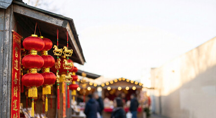Naklejka premium Outdoor market stall with Lunar New Year decor horse ornament