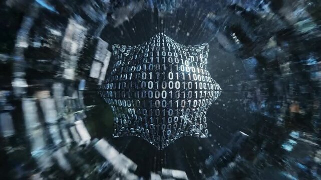 Abstract tunnel with binary code in greens & blues leading to a bright, fractured circular structure