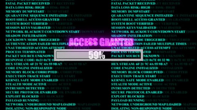ACCESS GRANTED glowing progress bar shows 100% percent of ransomware active on a background of computer code programming, shows percent of malware deployed a background of computer code programming.
