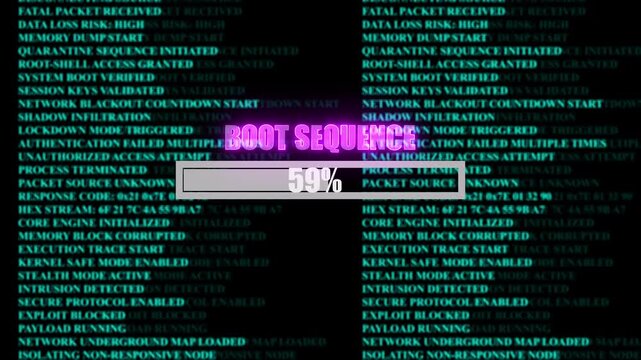 BOOT SEQUENCE glowing progress bar shows 100% percent of ransomware active on a background of computer code programming, shows percent of malware deployed on a background of computer code programming.