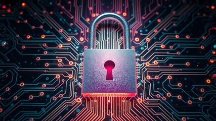 Cyber Security Concept: Padlock on a Glowing Circuit Board Background Illustrating Data Protection, Network Security, and Digital Privacy in a