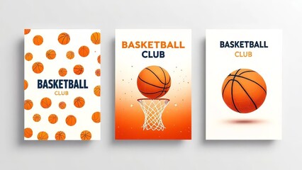 Three basketball club posters featuring basketball graphics, promoting sports team, with dynamic design and modern typography